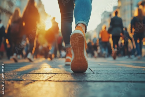 People, crowd and shoes or city walking with pedestrian commute with population density, urban or street. Feet, pavement and legs or together downtown with steps for travel, business, Generative AI