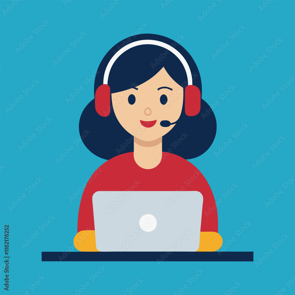 Woman Customer Service Working On Laptop With Headphone Woman Customer Service Working On Laptop With Headphone