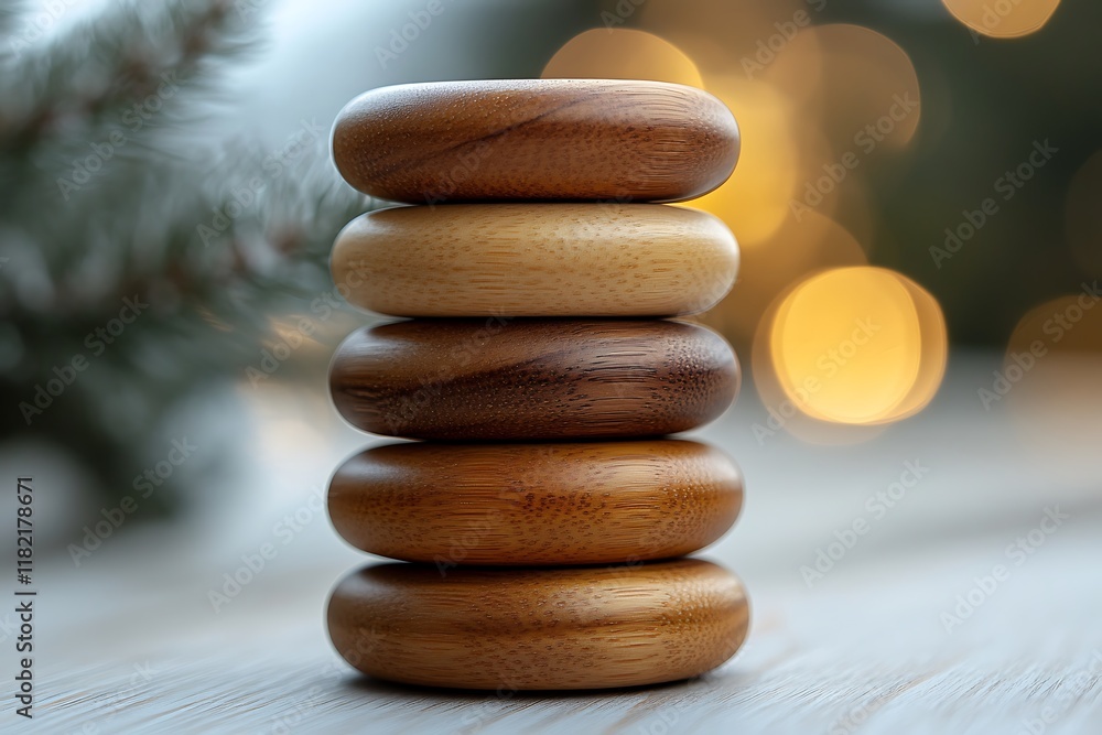Obraz premium A stack of five wooden rings on a white wooden surface.