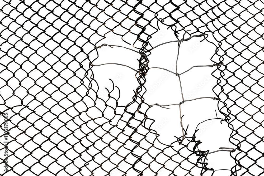 The texture of the metal mesh on a white background. Torn steel, metal mesh with holes The texture of the metal mesh on a white background. Torn steel, metal mesh with holes