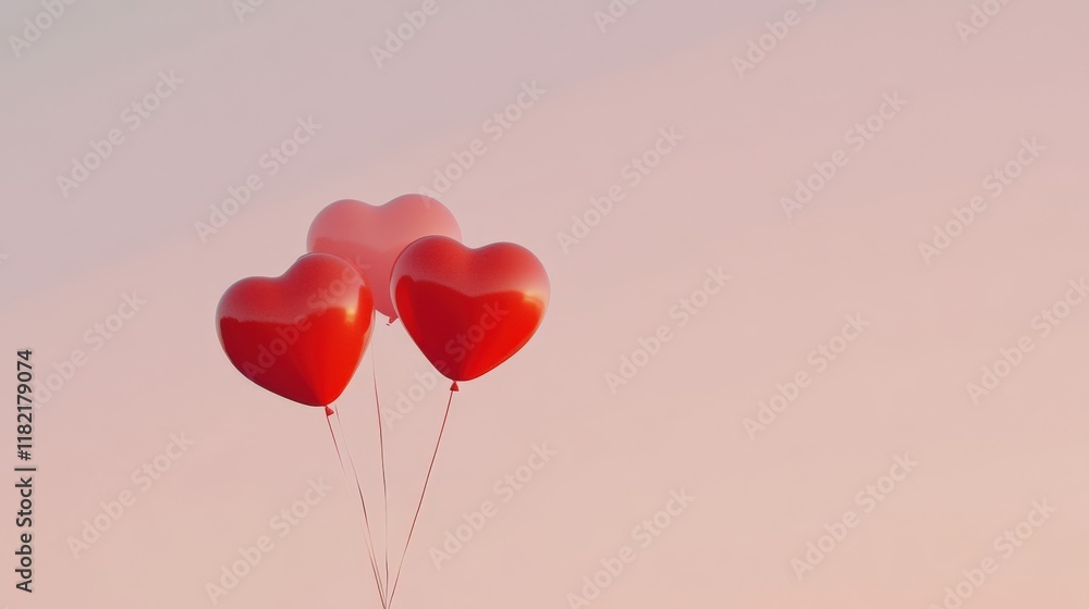 Three Heart Shaped Balloons Float In A Pink Sky Three Heart Shaped Balloons Float In A Pink Sky