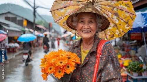 Fototapeta Naklejka Na Ścianę i Meble -  Charming thai street flower market  a traditional countryside small business community experience