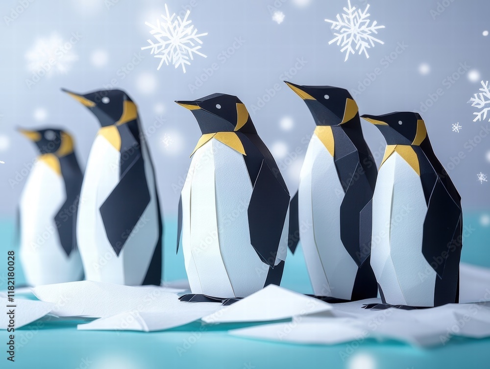 Fototapeta premium Creating a Paper Craft Art Penguin Colony in the Arctic Ice
