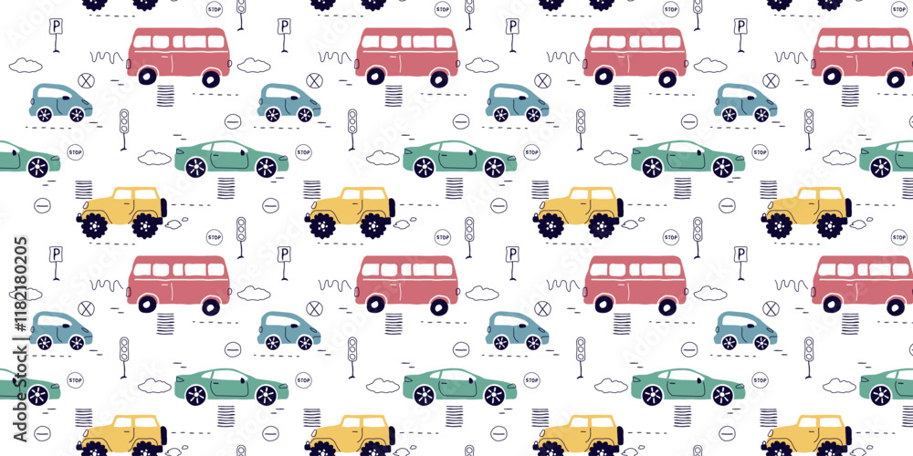 Fototapeta premium a seamless, trend pattern of cars. Transport background for children. A template with doodles of toy cars, road signs. for print, paper, banner. art vector illustration.