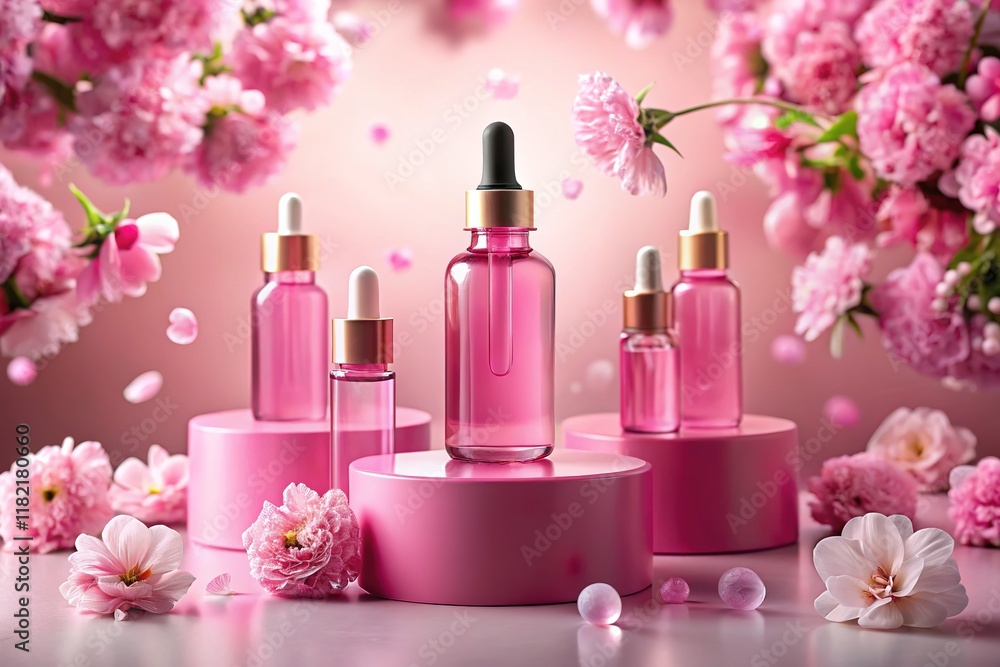 Pink bottles and podium, a floral panorama. Pink bottles and podium, a floral panorama.