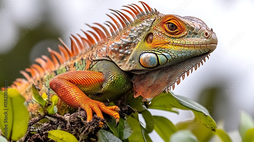 Fototapeta premium Vibrant Green and Orange Iguana on Lush Foliage: A Vivid Wildlife Portrait