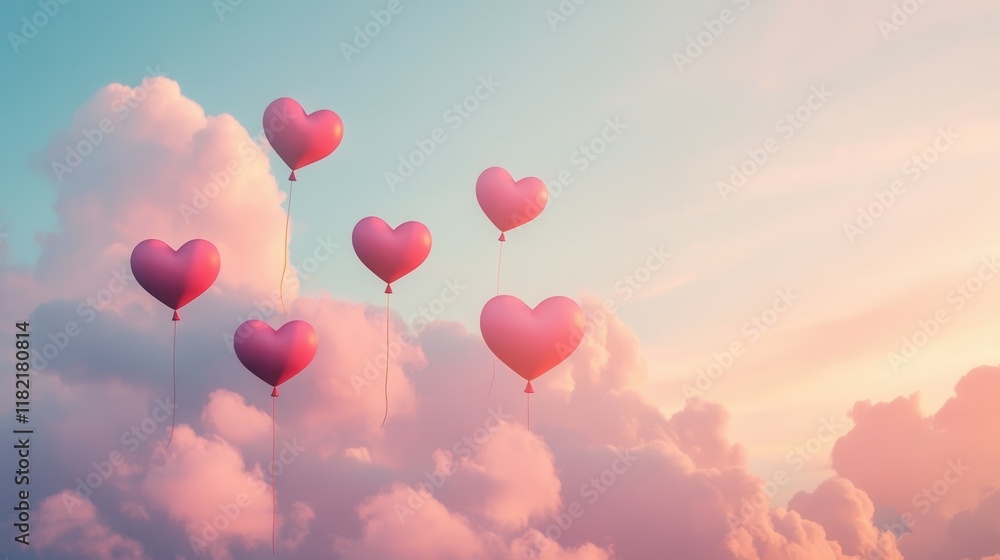 Dreamy valentine's setting with heart-shaped balloons in a cloudy sky at sunset. Dreamy valentine's setting with heart-shaped balloons in a cloudy sky at sunset.