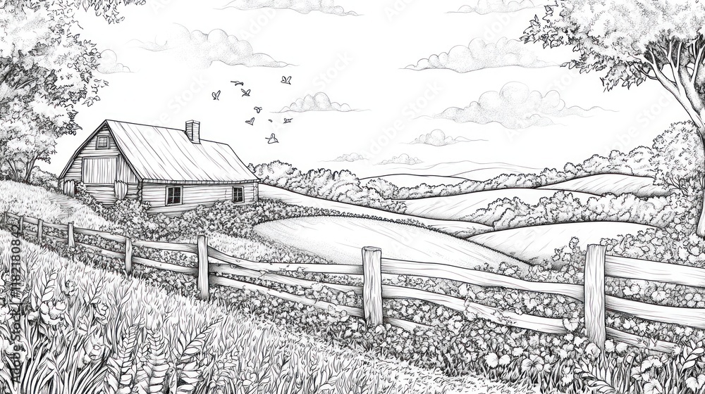 Fototapeta premium Rustic farmhouse, rolling hills, fence, birds, coloring page