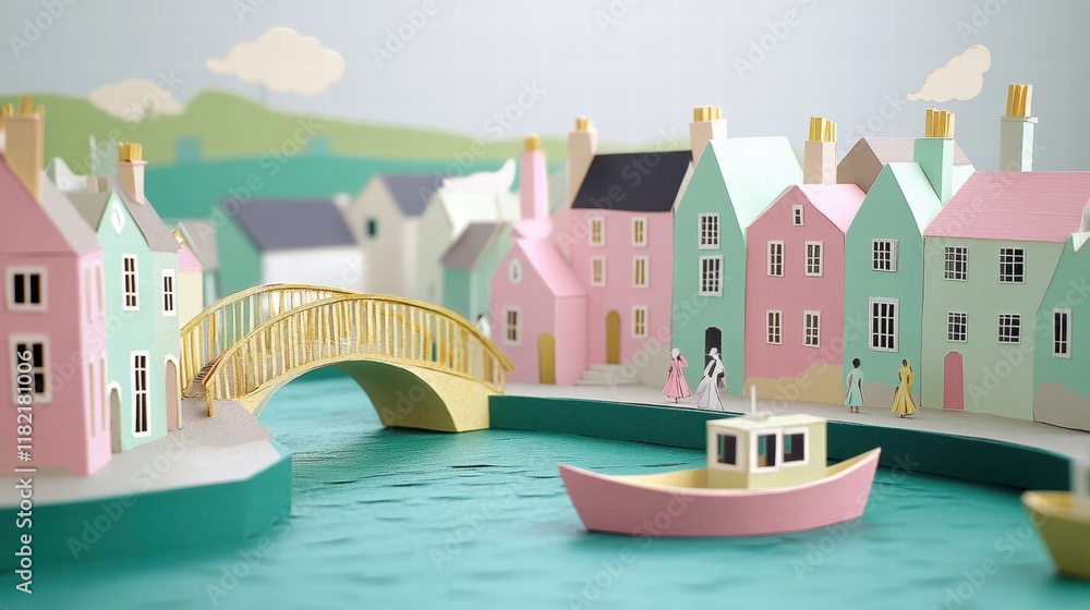 Fototapeta premium Creating Paper Craft Art Mint-Colored Riverside Town with Charming Buildings and Boats