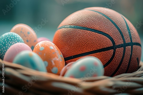 Easter-themed closeup of basketball nestled among colorful eggs in basket for spring celebration posters.