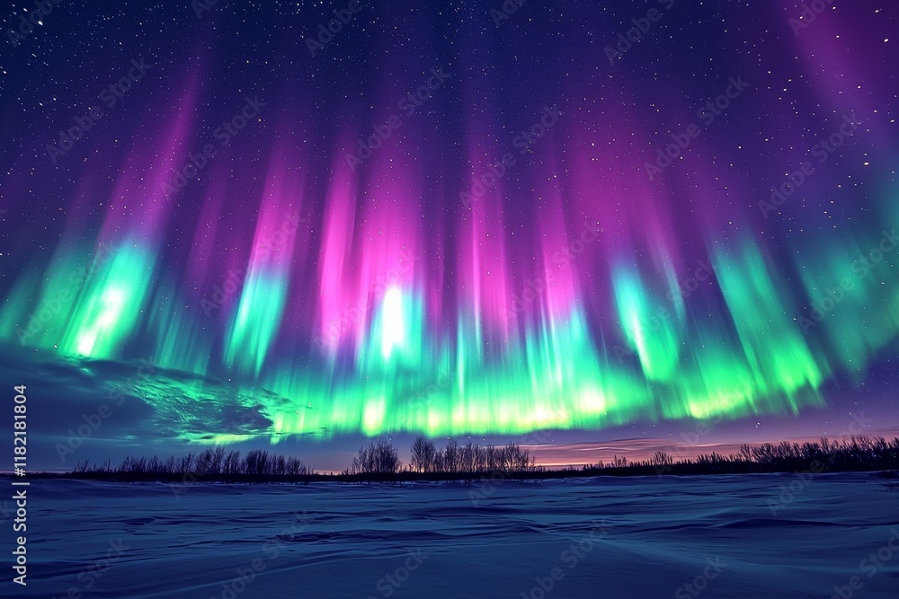 Obraz premium Aurora Borealis Vibrant Green and Purple Night Sky over Snowy Landscape, Astrophotography, Northern Lights Aurora, Night Photography