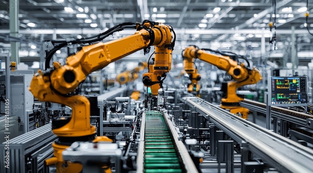 Assembly Line Robotics Industrial Automation, Yellow Robotic Arms on Conveyor Belt, Manufacturing Process, Industry 4.0. Robotics, Automation Assembly Line Robotics Industrial Automation, Yellow Robotic Arms on Conveyor Belt, Manufacturing Process, Industry 4.0. Robotics, Automation