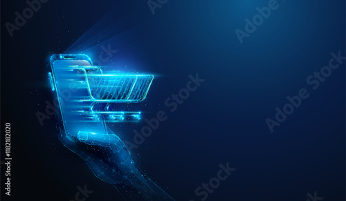 Abstract illustration of low poly shopping cart drive from smartphone in hand. Blue geometric background depicting e-commerce, consumerism, black friday, online shopping concept by wireframe mesh