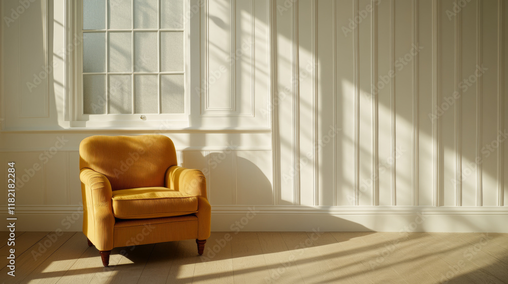 cozy yellow armchair in bright room with white walls and large windows, casting soft shadows on floor, creating warm and inviting atmosphere cozy yellow armchair in bright room with white walls and large windows, casting soft shadows on floor, creating warm and inviting atmosphere