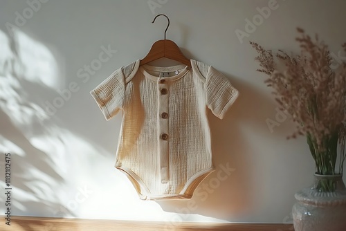 A beige muslin baby bodysuit hanging on a wooden hanger photo