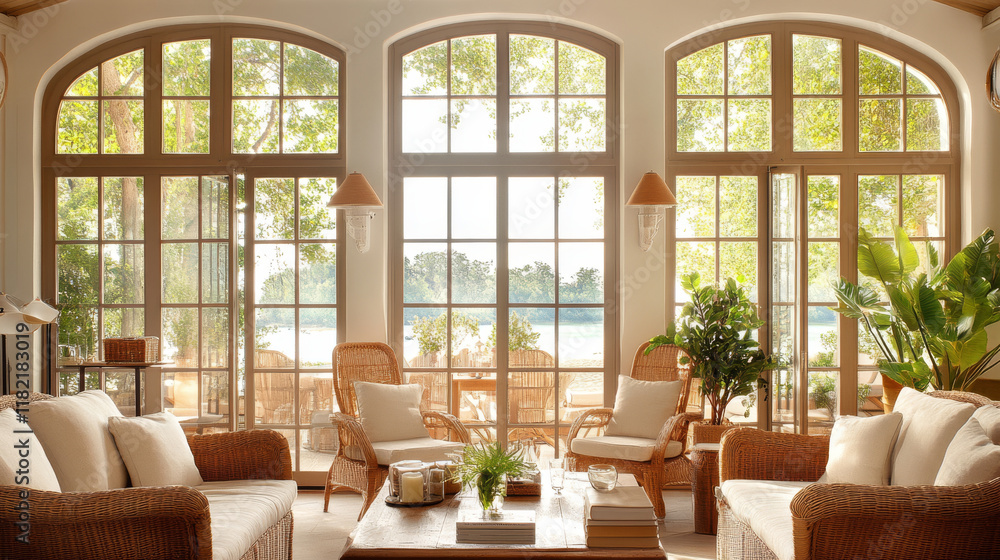 bright and airy living room with large windows, showcasing beautiful view of nature. space features comfortable seating, natural decor, and serene atmosphere bright and airy living room with large windows, showcasing beautiful view of nature. space features comfortable seating, natural decor, and serene atmosphere