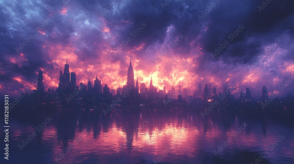 Naklejka premium City Skyline Reflected in Water Under Dramatic Sunset Clouds