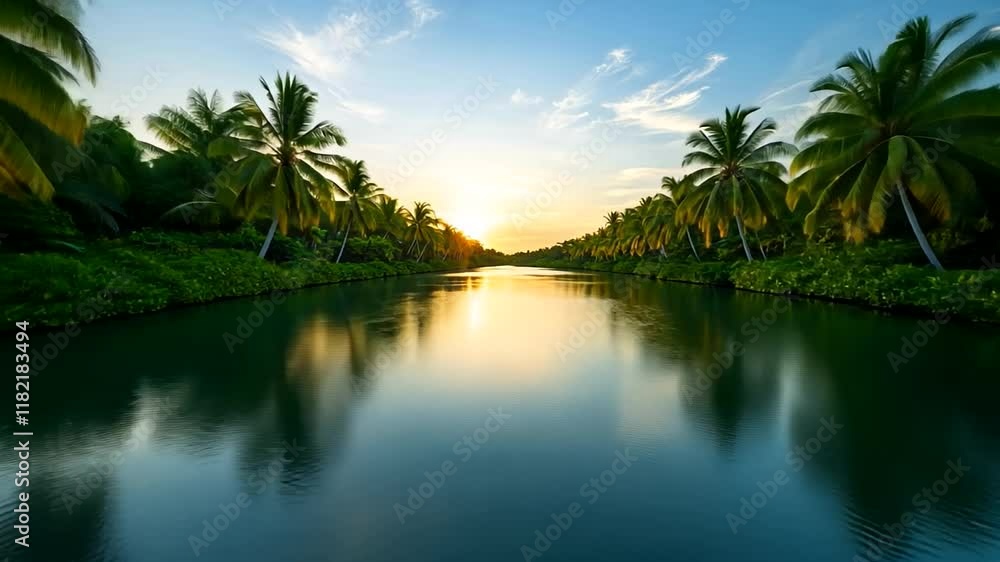 Sunset over a tranquil tropical river lined with palm trees, perfect for relaxation or summer vacations Sunset over a tranquil tropical river lined with palm trees, perfect for relaxation or summer vacations