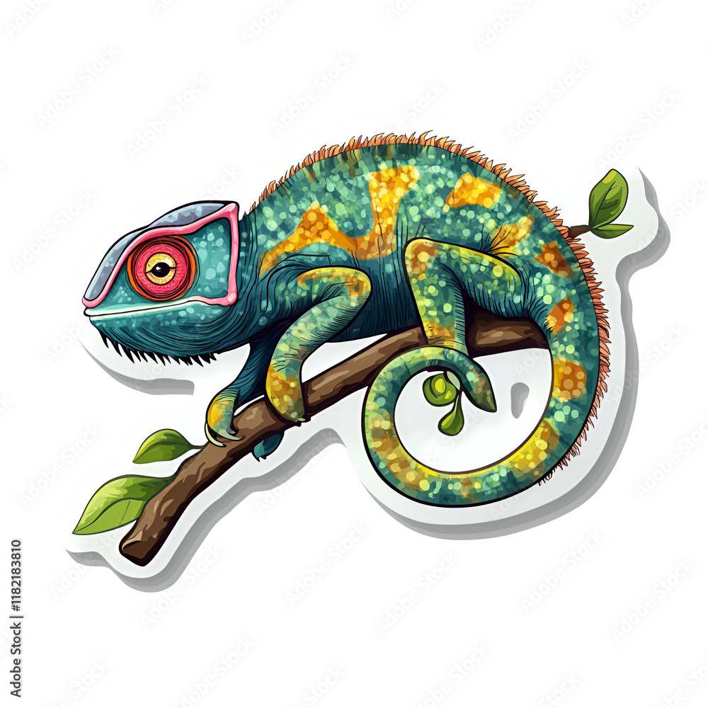 Fototapeta premium Vibrant Chameleon on Branch, Sticker Design, Reptile Illustration