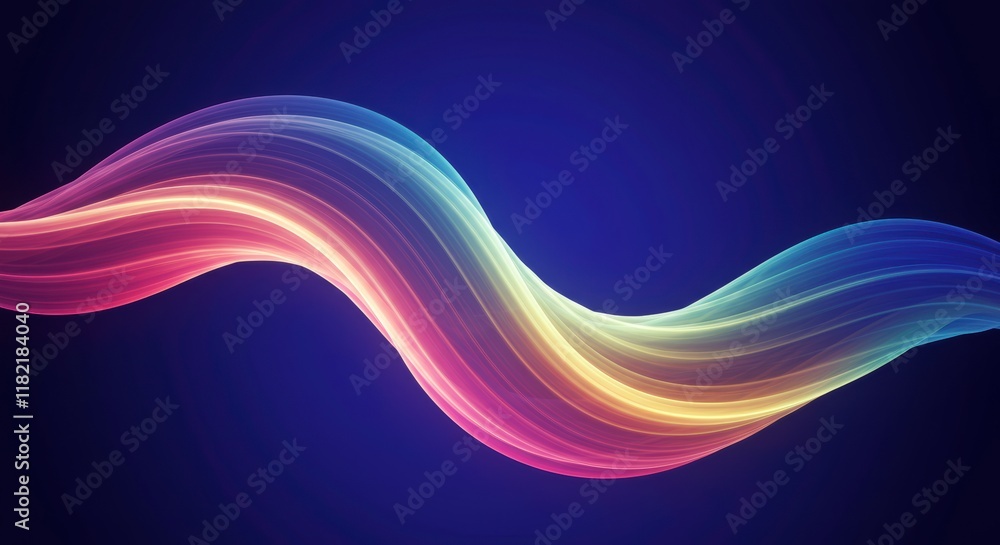 Flowing Abstract: A vibrant, abstract illustration featuring a luminous, multi-colored wave of light swirling and undulating against a deep blue background. Flowing Abstract: A vibrant, abstract illustration featuring a luminous, multi-colored wave of light swirling and undulating against a deep blue background.