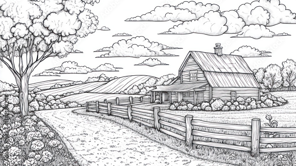 custom made wallpaper toronto digitalRural farmhouse, winding road, scenic fields, cloudy sky, coloring page