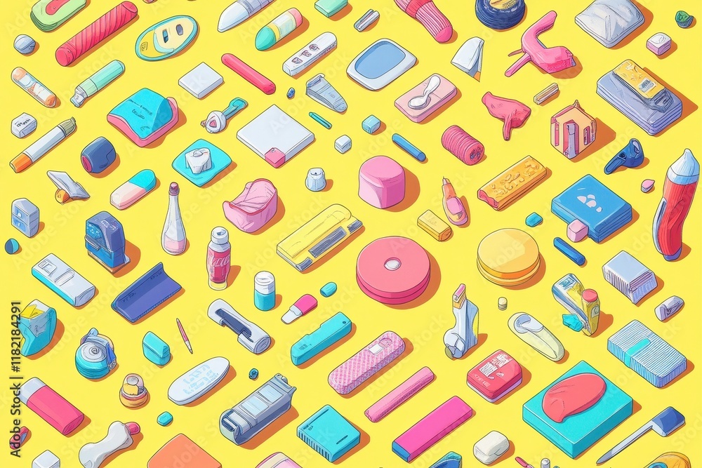 Colorful isometric illustration of various everyday objects Colorful isometric illustration of various everyday objects