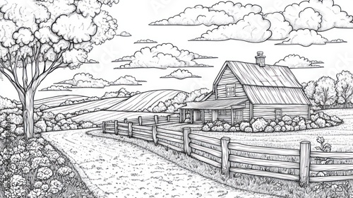 Wallpaper Mural Rural farmhouse, winding road, scenic fields, cloudy sky, coloring page Torontodigital.ca