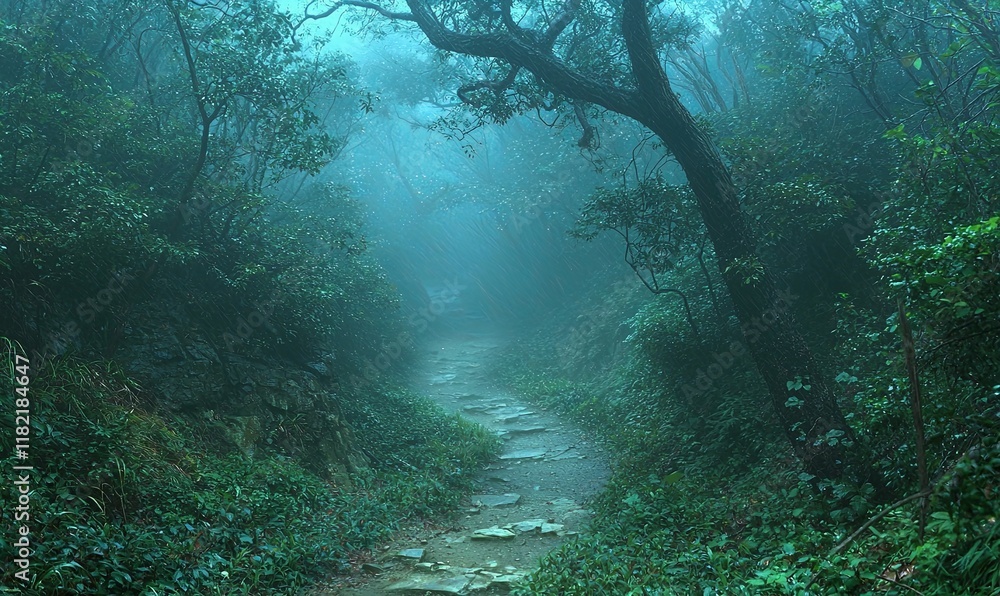 Fototapeta premium Misty forest path, stone steps, green foliage, mysterious atmosphere, ideal for fantasy or adventure themes.