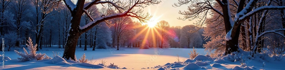 Naklejka premium Winter landscape with bare tree branches and the sun shining through, wintry scene, winter wonderland, snowy woods