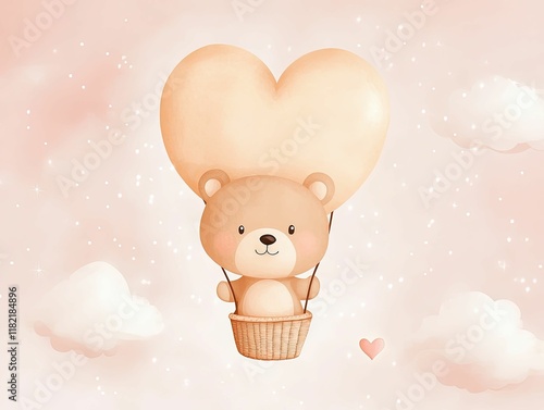 A cute bear floats in a basket with a heart-shaped balloon against a soft pastel background, evoking a sense of love and whimsy.