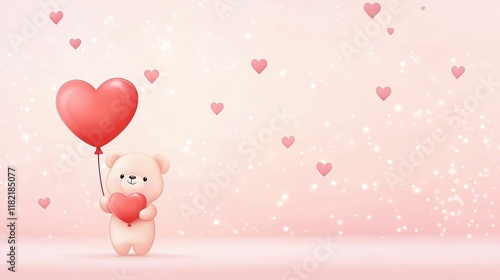 A cute bear holding a heart-shaped balloon, surrounded by floating hearts on a soft pink background.