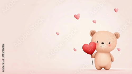 A cute teddy bear holding a heart-shaped balloon, surrounded by floating hearts against a soft pink background.