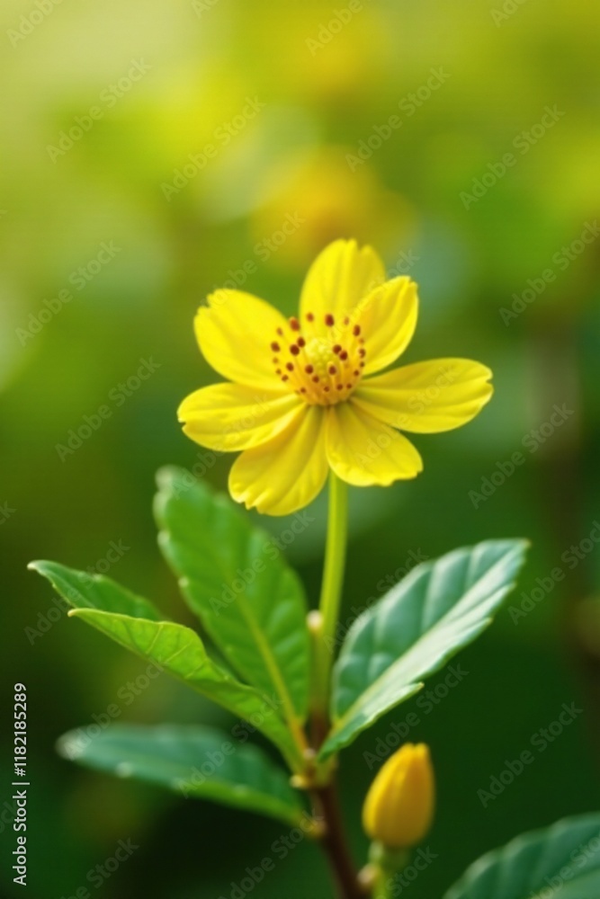 Obraz premium Yellow barberry flower on a stem with green leaves, flora, flowers, spring