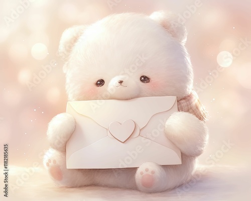 A cute, fluffy bear holds a love letter, exuding warmth and charm in a soft, pastel background.