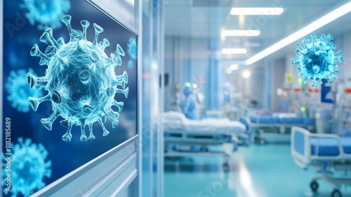 A digital representation of a virus in a hospital setting, highlighting the intersection of healthcare and infectious diseases.