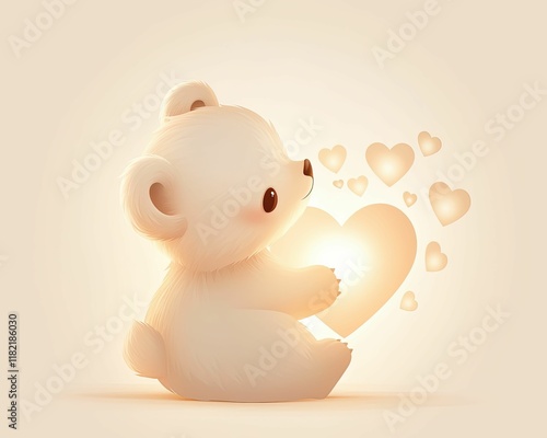 A cute, soft teddy bear holding a glowing heart, surrounded by smaller hearts, creating a warm and affectionate atmosphere.