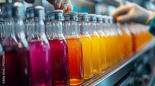 Bottling colorful drinks in a production facility during the afternoon shift photo