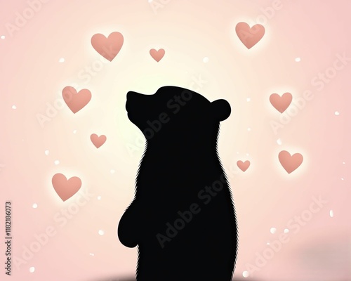 A silhouette of a bear surrounded by floating hearts, creating a whimsical and affectionate atmosphere.