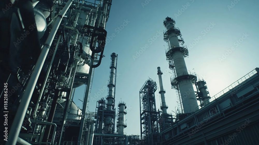 Industrial scene of a large refinery with towering structures and clear blue sky Industrial scene of a large refinery with towering structures and clear blue sky