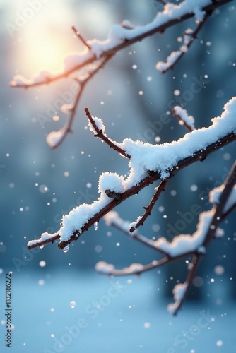 Softly falling snowflakes gently kiss the bare tree branch, quiet, frosty, winter wonderland photo