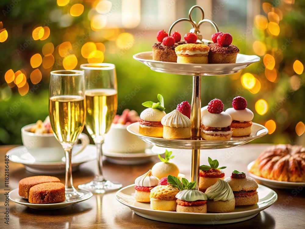 Sparkling wine, tiered stand, pastries. Elegant afternoon tea, macro detail. Sparkling wine, tiered stand, pastries. Elegant afternoon tea, macro detail.
