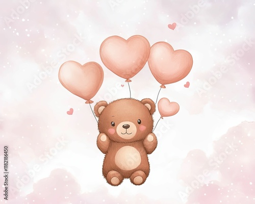 A cute bear holds heart-shaped balloons against a soft, dreamy background, evoking feelings of love and joy.