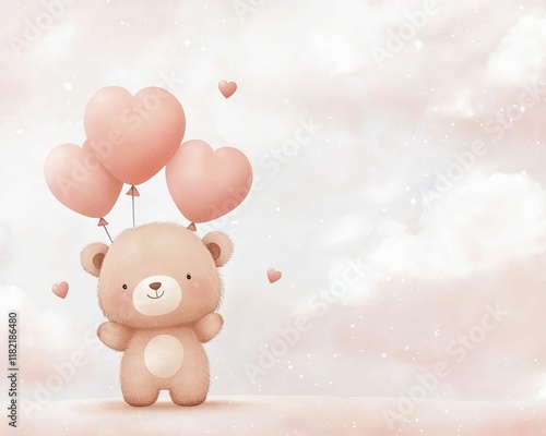 A cute teddy bear holding heart-shaped balloons against a soft, pastel background, evoking feelings of love and affection.
