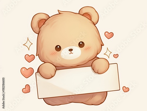 A cute cartoon bear holding a blank sign, surrounded by hearts and sparkles, exuding a warm and cheerful vibe.