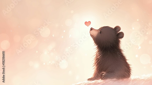 A cute bear gazes dreamily at a floating heart, surrounded by a soft, ethereal glow, creating a whimsical and heartwarming atmosphere.