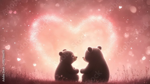 Two cute bears sit together, framed by a glowing heart, surrounded by soft pink hues and falling hearts, symbolizing love and affection.