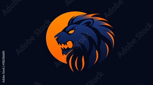 A fierce lion's head, rendered in dark blue and orange, set against a dark background. Powerful and intense. photo