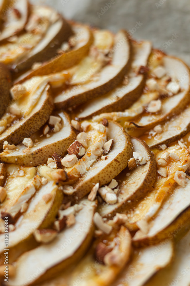 Puff pastry pie with camembert, pear slices, honey and nuts. Puff pastry pie with camembert, pear slices, honey and nuts.