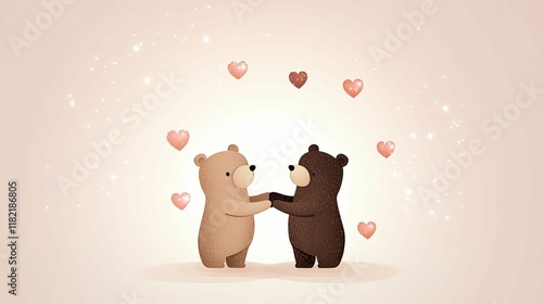 Two adorable cartoon bears holding hands amidst floating hearts, conveying a theme of love and affection in a charming, pastel setting.