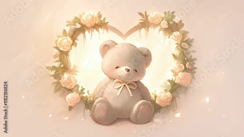 A soft teddy bear surrounded by a floral heart, radiating warmth and comfort, perfect for evoking feelings of love and nostalgia.